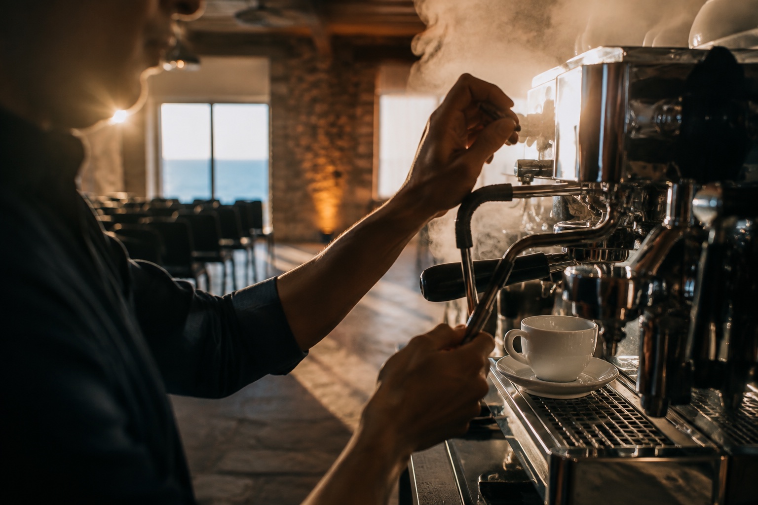 Barista à la machine espresso, vapeur et tasse en porcelaine