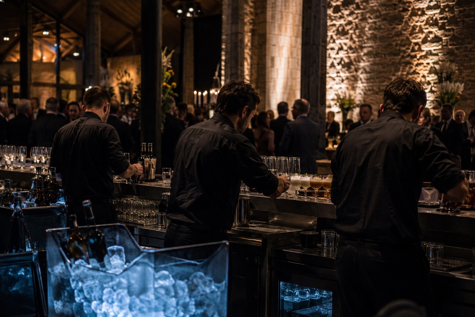 Brigade de barmen derrière un long comptoir pendant une soirée