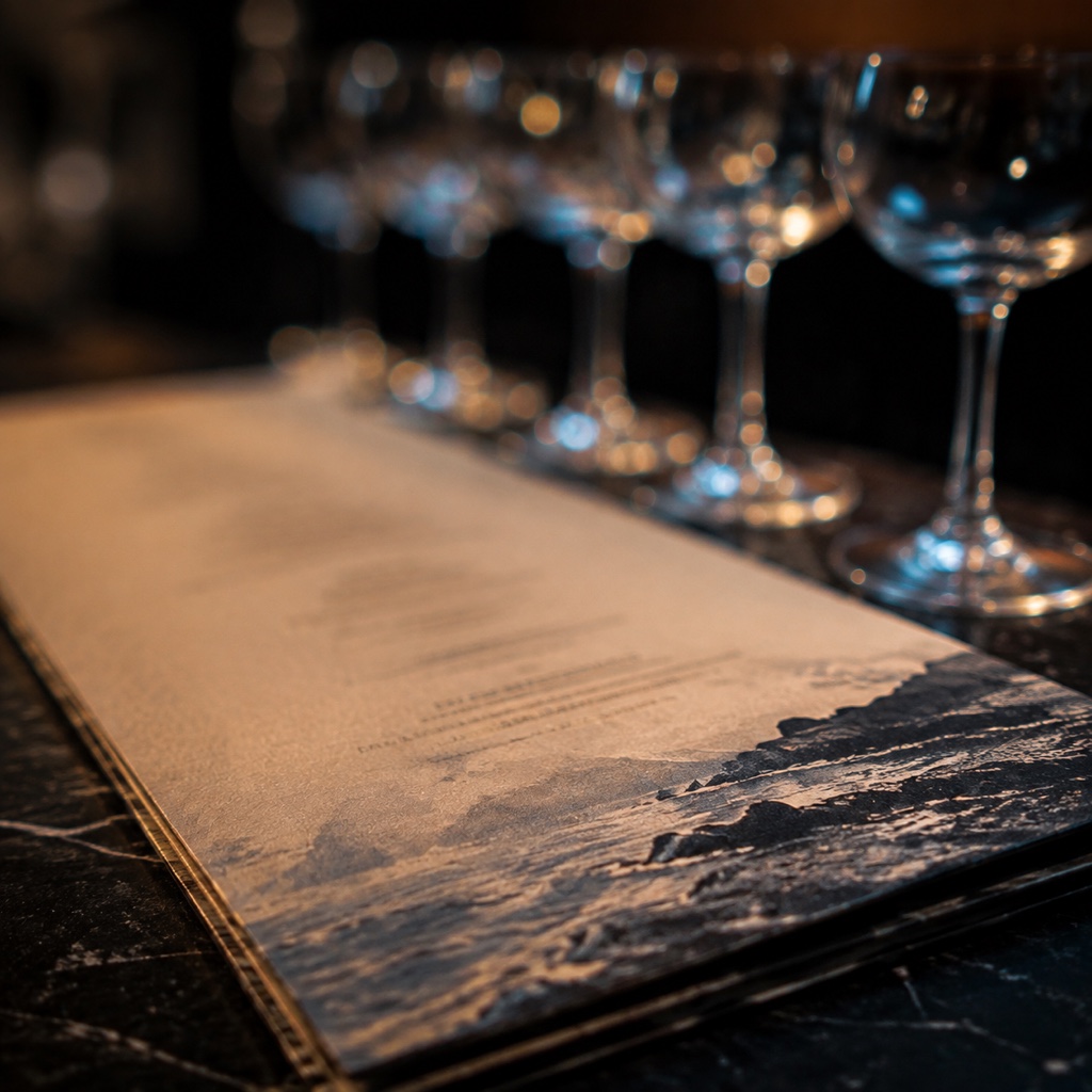 Carte de cocktails imprimée posée sur un comptoir noir