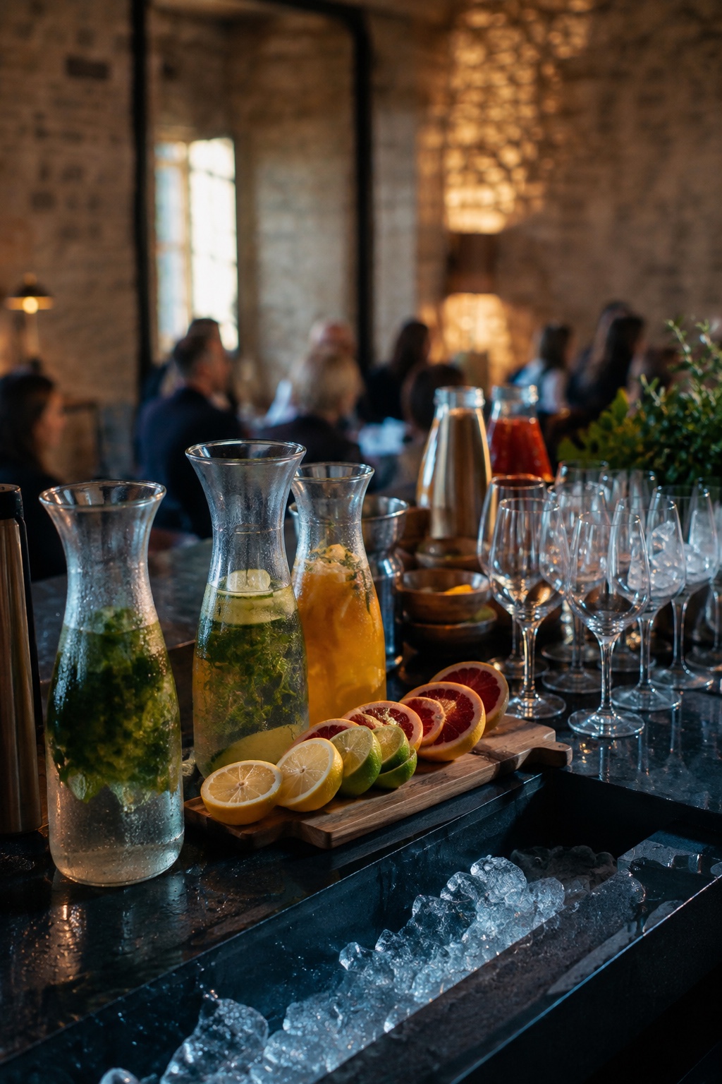 Carafes d’infusions et agrumes sur un bar sans alcool